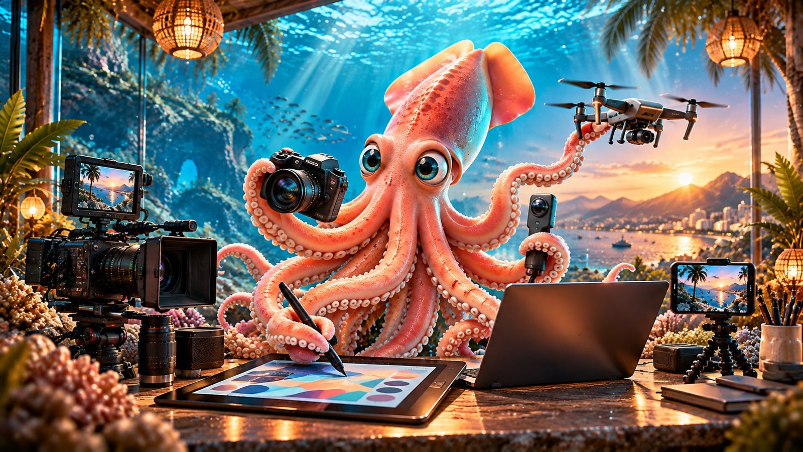 Calamar Agency, agencia creativa en Puerto Vallarta: foto, video, drone y diseño con equipo propio Calamar Agency, agencia de publicidad y agencia creativa en Puerto Vallarta: el calamar de la marca trabaja con cámara de cine, cámara fotográfica, drone, cámara 360°, tableta de diseño y laptop frente a la bahía de Banderas, mostrando la producción audiovisual, fotografía, tomas aéreas y diseño que hacemos en casa.
