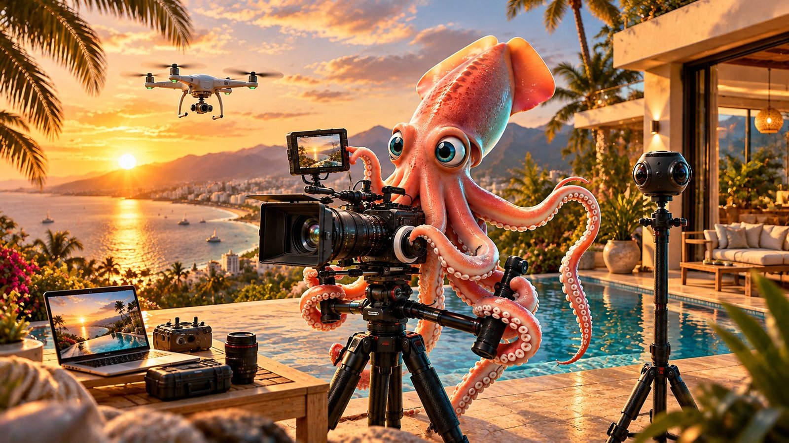 Calamar Agency, agencia de publicidad en Puerto Vallarta: todo el material visual de tu propiedad en una sola visita, con fotografía inmobiliaria, video, tomas aéreas con drone y recorrido virtual 360° en Puerto Vallarta y Riviera Nayarit. Calamar fotografiando una villa con alberca.