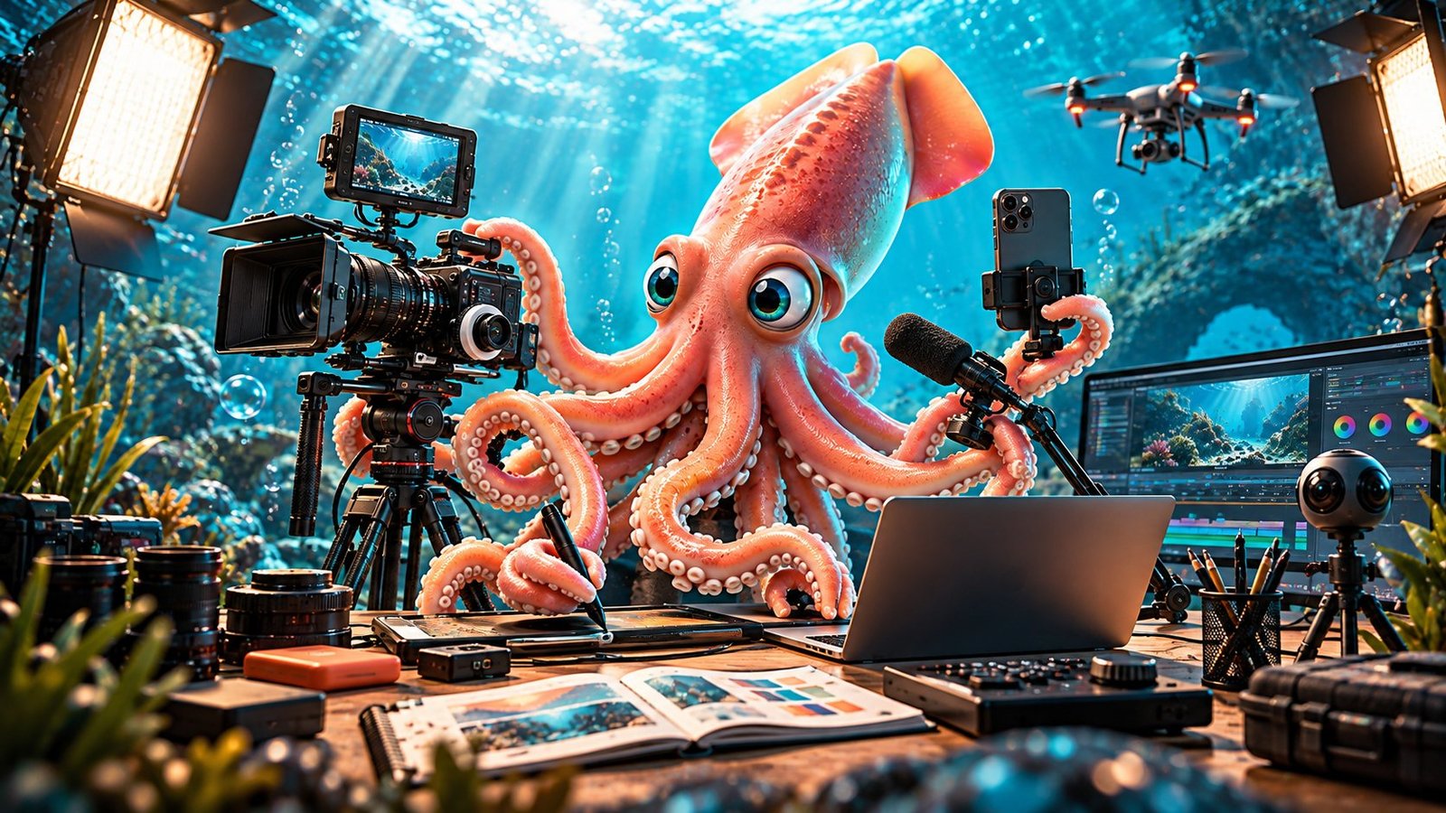 Calamar Agency, agencia de publicidad en Puerto Vallarta: todo lo producimos en casa con equipo propio de video, fotografía, drone, cámara 360°, iluminación y edición profesional para empresas de Puerto Vallarta y Riviera Nayarit. Calamar en su estudio de producción.