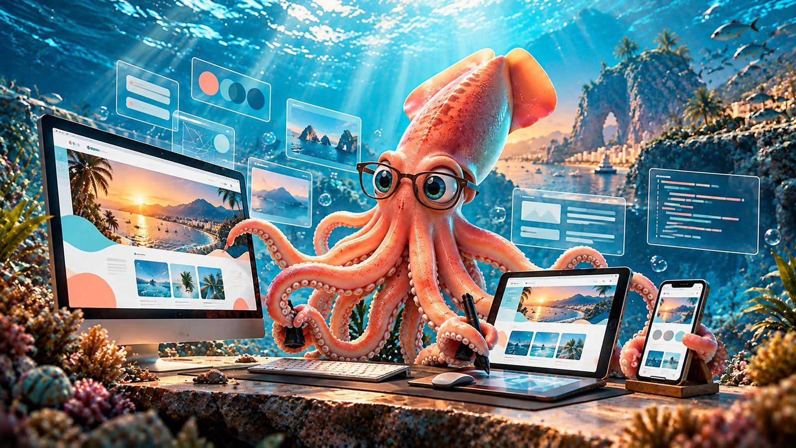 Diseño de páginas web en Puerto Vallarta | Calamar Agency Calamar Agency, agencia de publicidad en Puerto Vallarta: diseño de páginas web y desarrollo de sitios web bilingües, rápidos, con SEO y adaptados a celular para hoteles, inmobiliarias, restaurantes y empresas de Puerto Vallarta y Riviera Nayarit. Calamar programando en varios monitores.