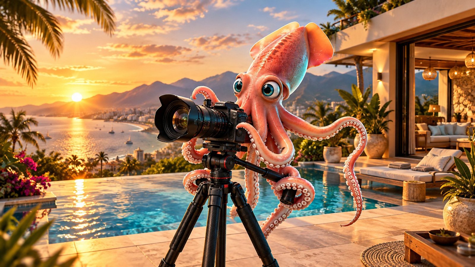 Fotografía inmobiliaria en Puerto Vallarta | Calamar Agency Calamar Agency, agencia de publicidad en Puerto Vallarta: fotografía inmobiliaria y video para bienes raíces y hoteles. Fotografía de villas, condominios y desarrollos con vista a la Bahía de Banderas en Nuevo Vallarta y Riviera Nayarit. Calamar con cámara en terraza con alberca infinita al atardecer.