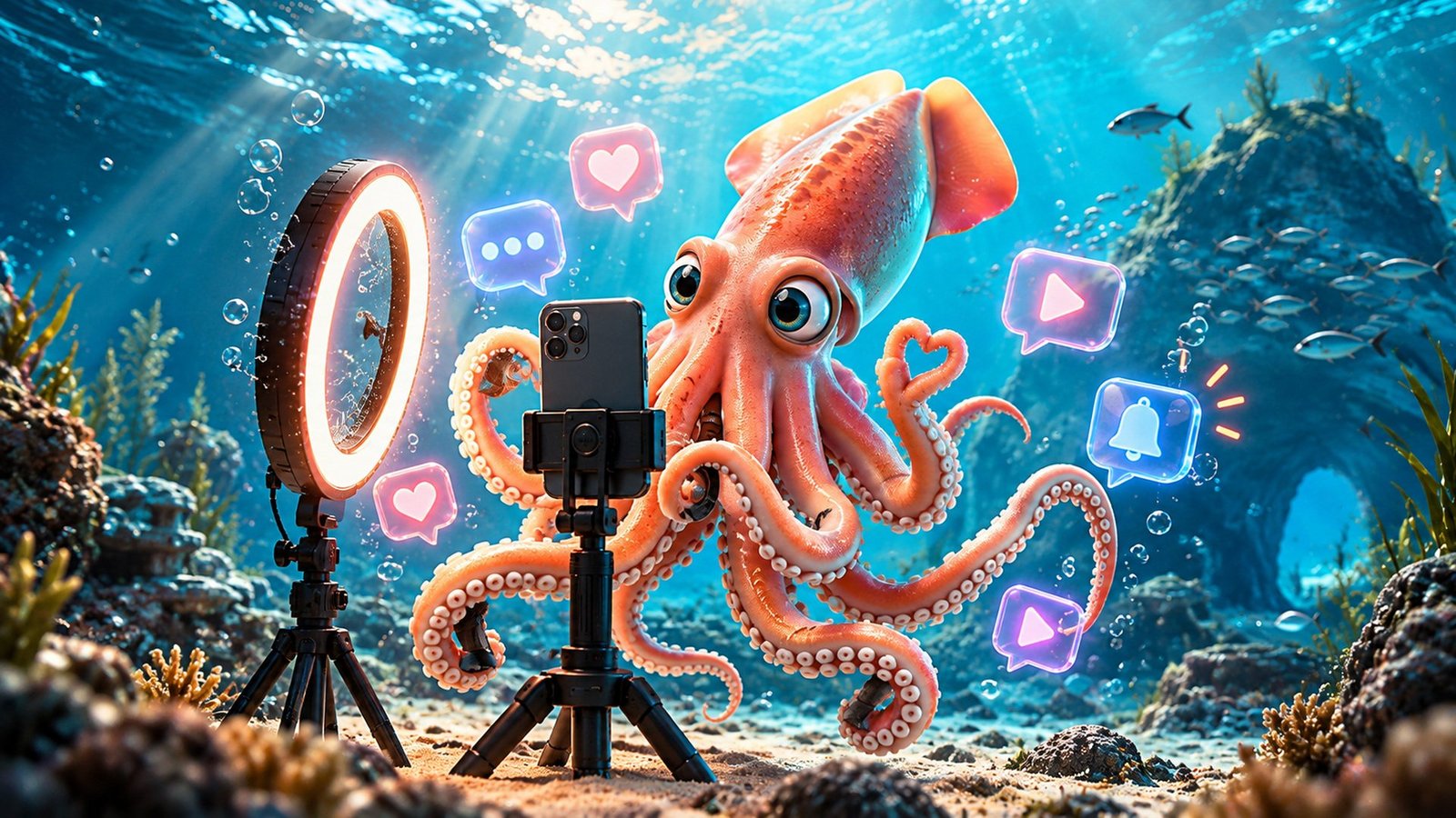 Manejo de redes sociales en Puerto Vallarta | Calamar Agency Calamar Agency, agencia de publicidad en Puerto Vallarta: manejo de redes sociales y creación de contenido. Reels, TikTok, Instagram y Facebook, community manager y redacción de contenido para negocios de Puerto Vallarta y Riviera Nayarit. Calamar grabando un reel con aro de luz.