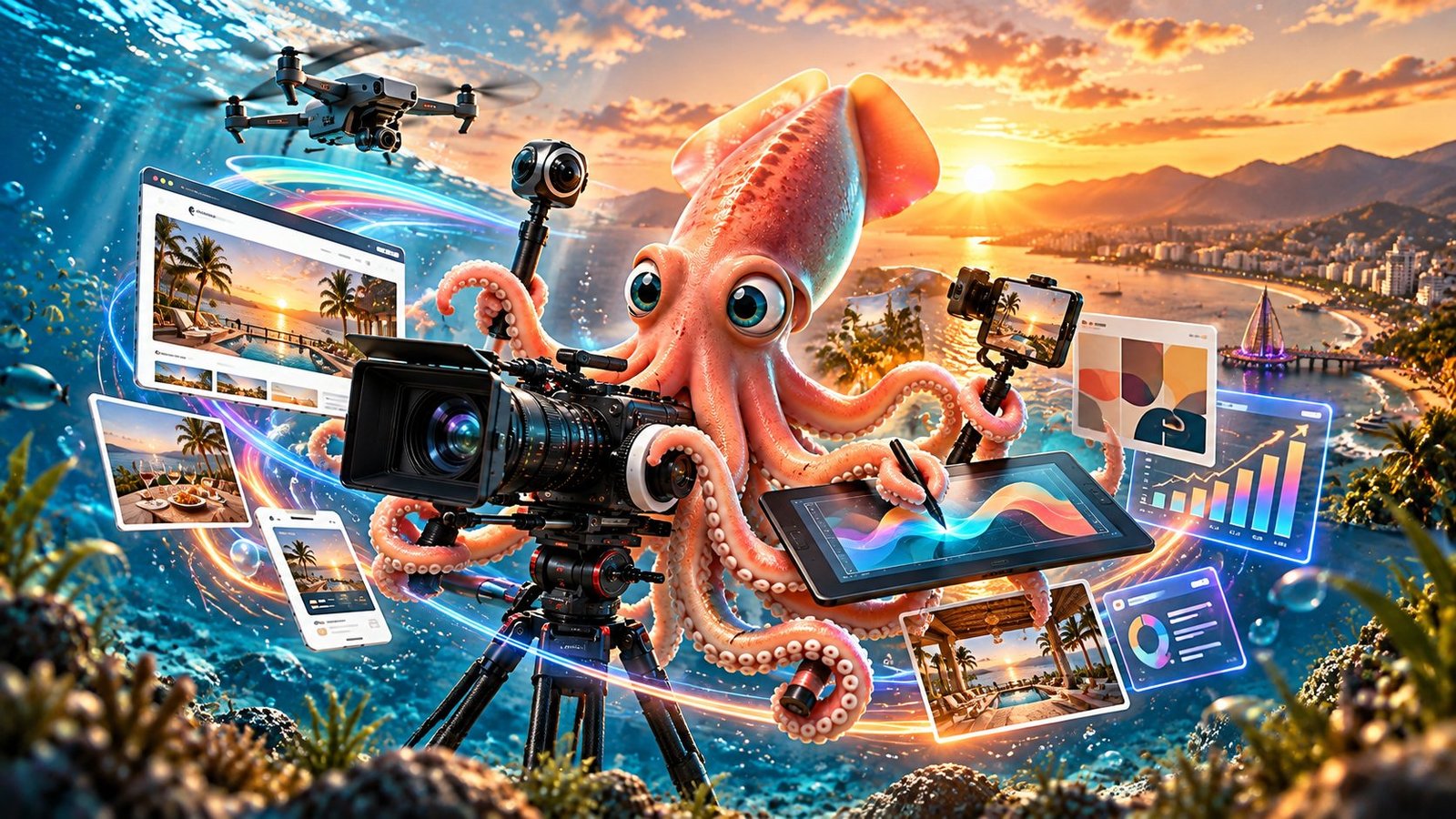 Publicidad digital en Puerto Vallarta | Calamar Agency Calamar Agency, agencia de publicidad en Puerto Vallarta: publicidad digital y campañas publicitarias en Meta Ads (Facebook e Instagram) y Google Ads, con video, foto y diseño para atraer clientes en Puerto Vallarta, Nuevo Vallarta y Riviera Nayarit. Calamar produciendo una campaña.
