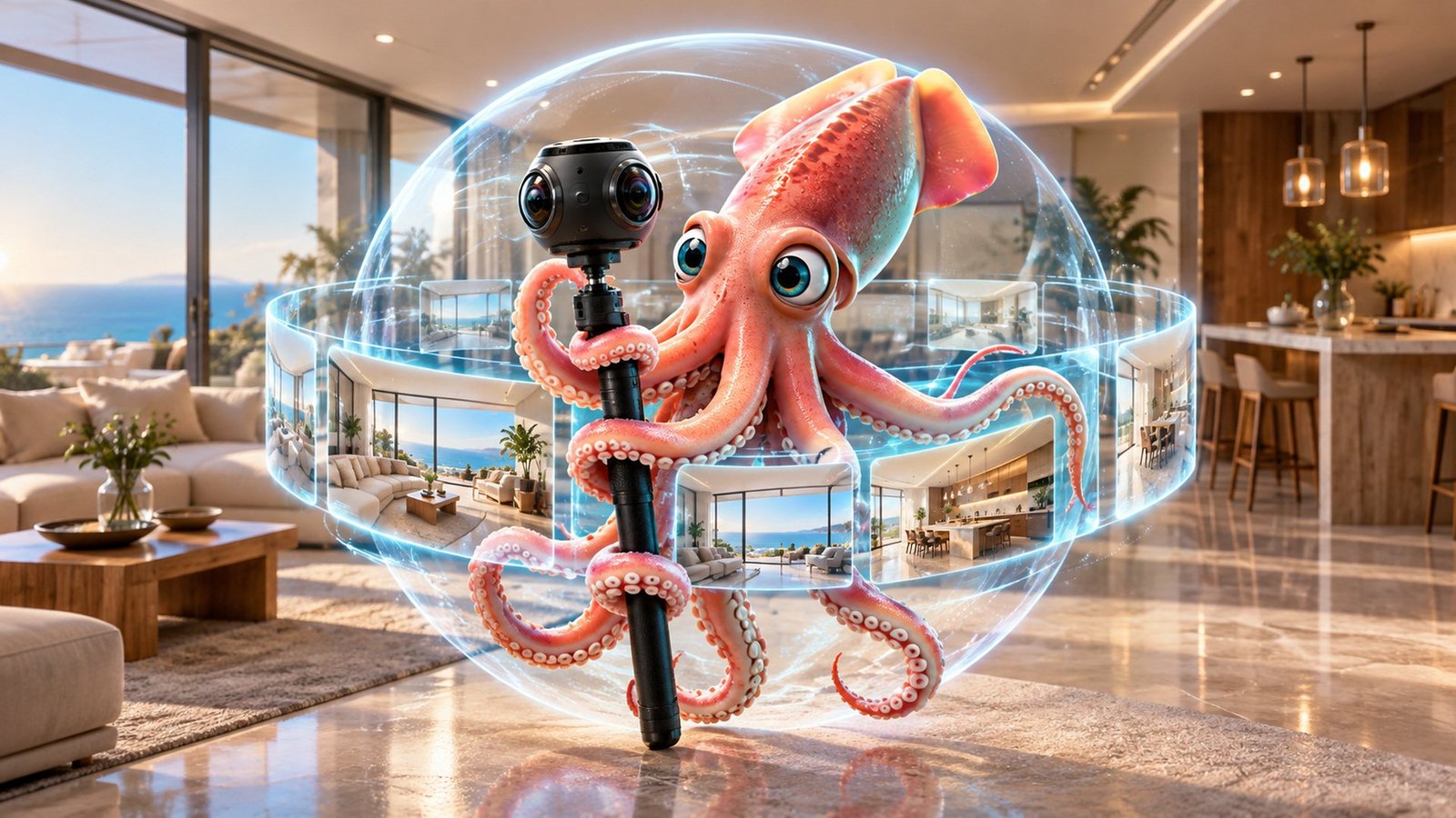 Recorridos virtuales 360 en Puerto Vallarta | Calamar Agency Calamar Agency, agencia de publicidad en Puerto Vallarta: recorridos virtuales 360°, tours virtuales para propiedades, hoteles, restaurantes y negocios, compatibles con Google Street View en Puerto Vallarta y Riviera Nayarit. Calamar con cámara 360 dentro de una sala de lujo.