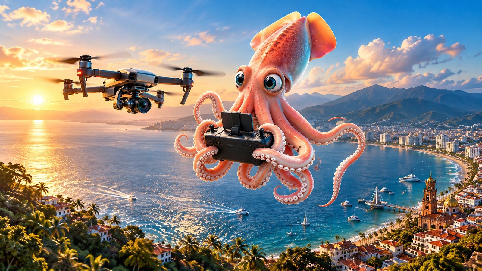 Tomas aéreas con drone en Puerto Vallarta | Calamar Agency Calamar Agency, agencia de publicidad en Puerto Vallarta: tomas aéreas con drone, video y fotografía aérea profesional para hoteles, bienes raíces, eventos y turismo en Puerto Vallarta, Nuevo Vallarta y Riviera Nayarit. Calamar piloteando un drone sobre la Bahía de Banderas.
